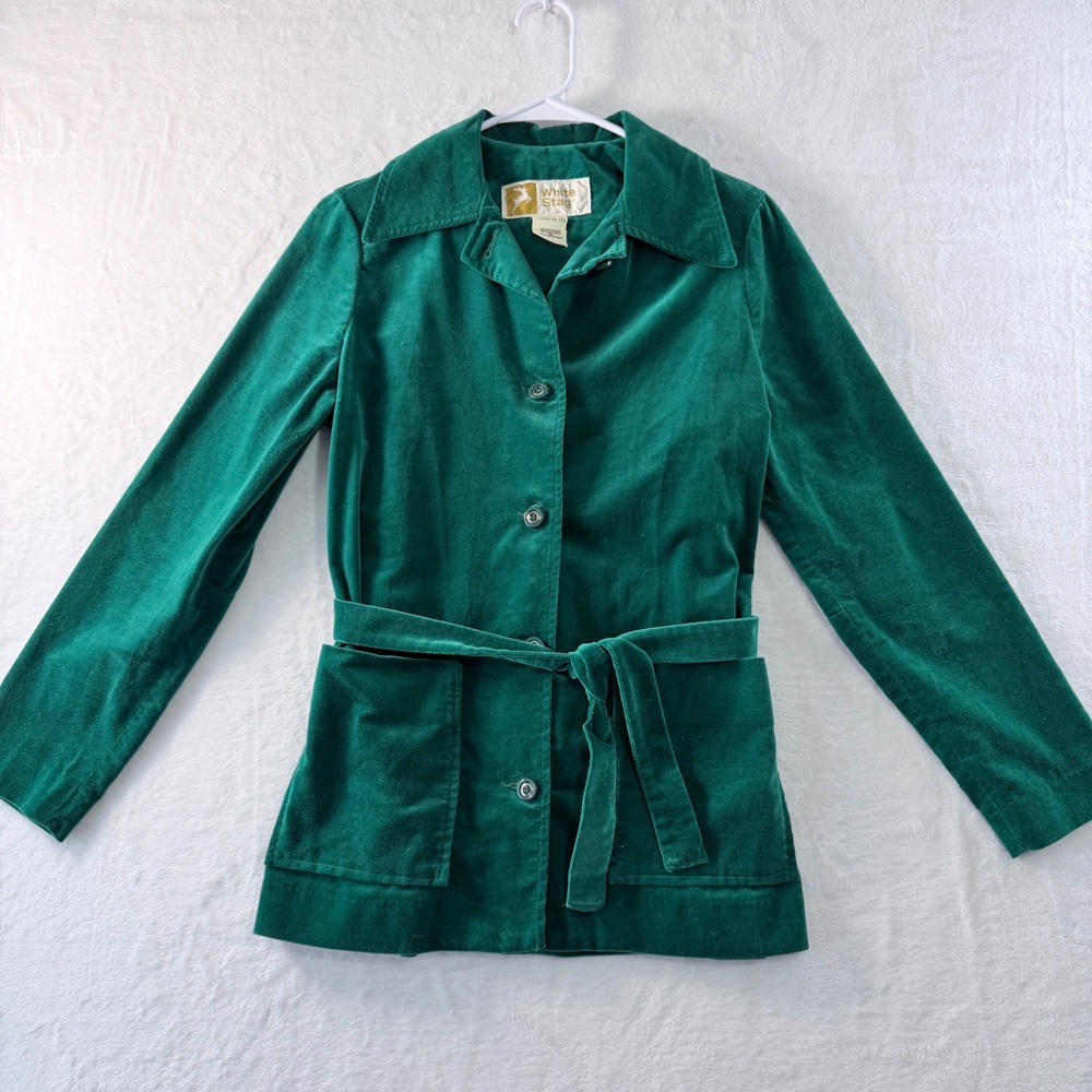 Green Velvet Jacket Belted Button Front Women's 12 Vintage Retro Style